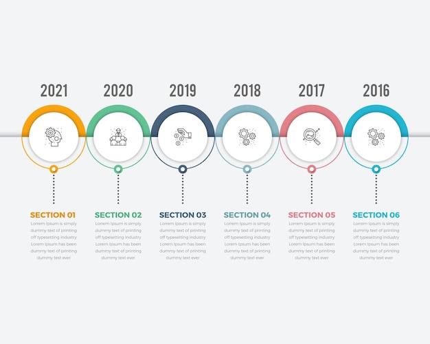 horizontal timeline with 6 circle paper white elements with icons