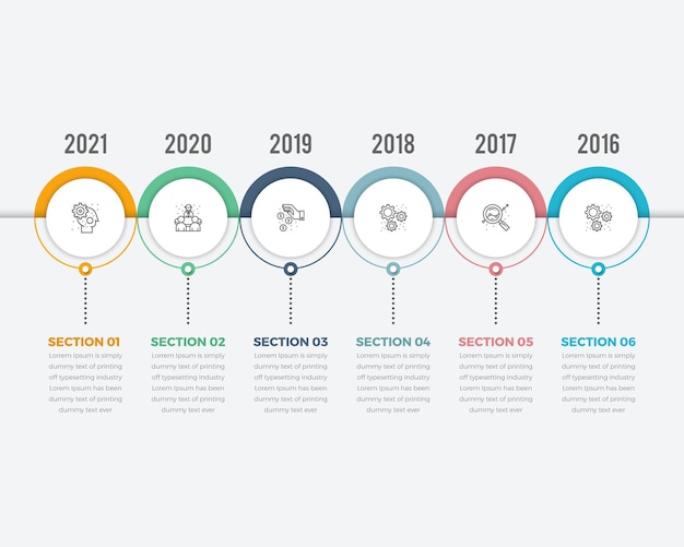 Vector horizontal timeline with 6 circle paper white elements with icons