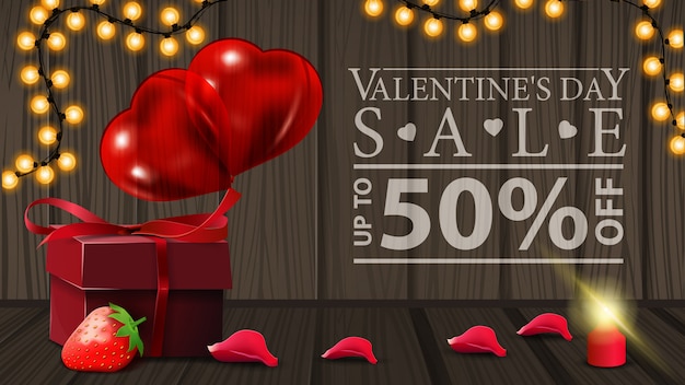 Horizontal Valentine's Day discount banner with gift 