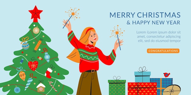 Horizontal vector banner with Christmas tree and happy woman Templates for winter design