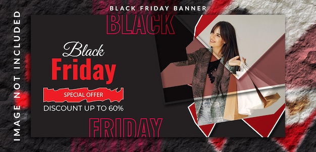 Horizontal vertical black friday super mega sell offer with discount offer banner design with a woman photo