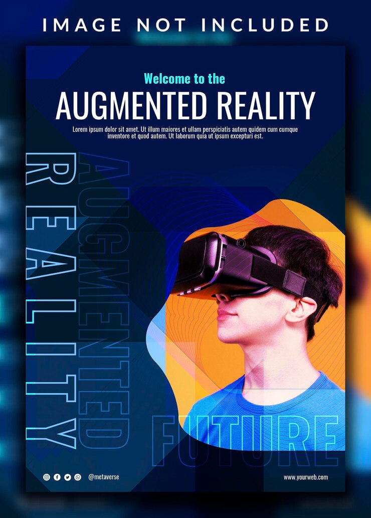 Vector horizontal vertical modern introduction of future augmented reality metaverse poster design with a man photo