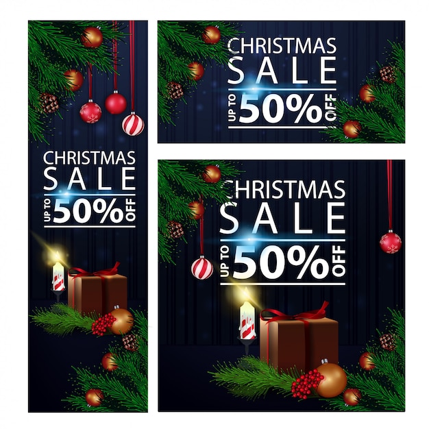 Horizontal, vertical and square discount christmas banners with gifts