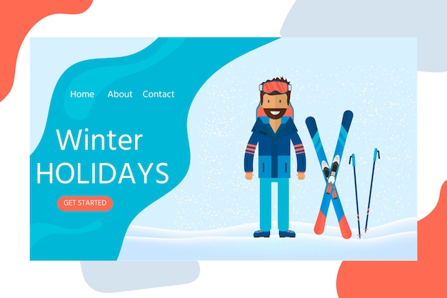 Horizontal web banner in flat design with man and skiing