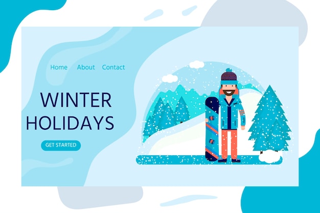 Banner web orizzontale in design piatto con snowboard uomo