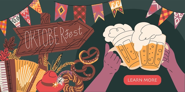 Banner web orizzontale per il festival della birra oktoberfest l'atmosfera di una festa popolare autunnale illustrazione vettoriale in stile piatto