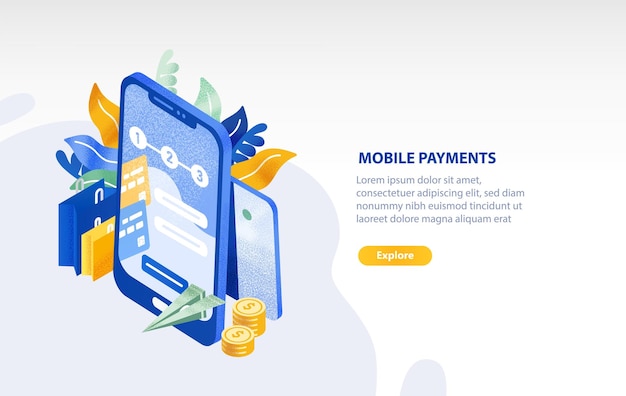 ベクトル スマートフォン、空飛ぶ紙飛行機、コイン、買い物袋、テキスト用の場所を含む水平ウェブバナーテンプレート。モバイル決済、電子マネー転送技術。等角投影図のベクター イラストです。