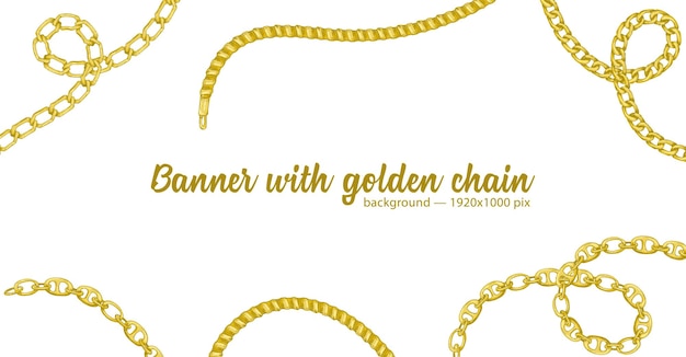 Horizontal web banner with abstract pattern of handdrawn sketch golden chain isolated on white background