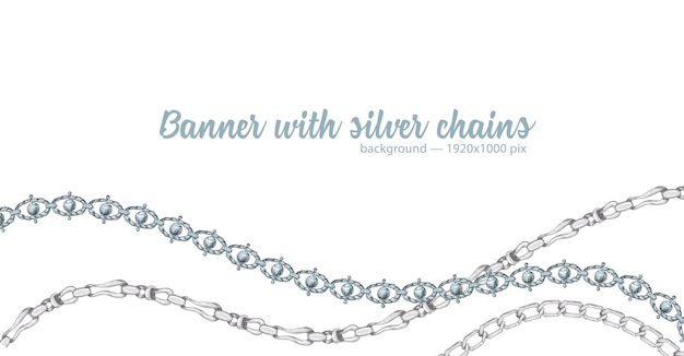 Vector horizontal web banner with abstract pattern of handdrawn sketch silver chain isolated on white background