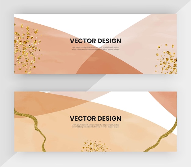 Вектор Горизонтальные веб-баннеры с коричневой и оранжевой акварелью и текстурой золотого блеска