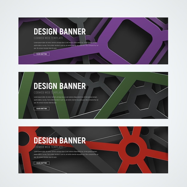 of horizontal web banners with intersecting geometric shapes in the air on the background.