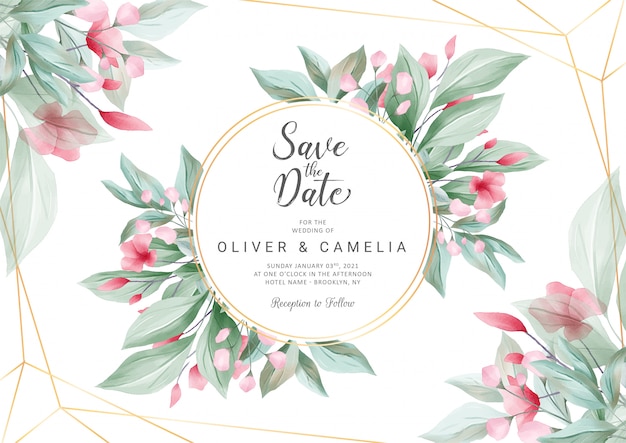Horizontal wedding invitation card template with watercolor flowers and geometric line decoration