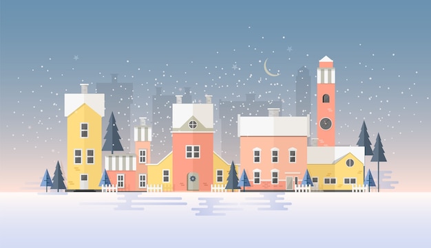 Horizontal winter cityscape with town in snowfall