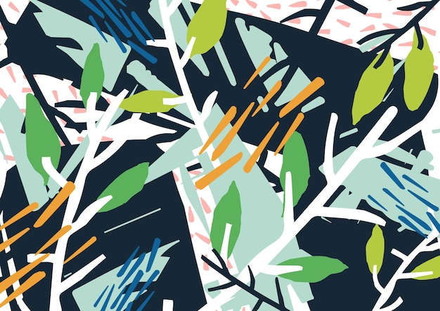 Horizontale abstracte achtergrond met bosstruikgewas, boomtakken, bladeren, kleurrijke vlekken en patches. Moderne levendig gekleurde stijlvolle achtergrond. Creatieve vectorillustratie in hedendaagse kunststijl