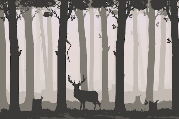 Vector horizontale achtergrond met bladverliezende wouden en herten