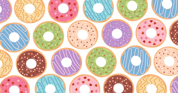 Horizontale achtergrond met kleurrijke donuts Verschillende soorten donuts in glazuur en chocolade-elementen