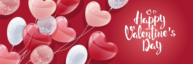 Horizontale banner met ballonnen ontwerp voor valentijnsdag en moederdag achtergrondposter met vliegende heliumballonnen in de vorm van harten