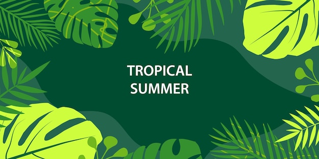 Horizontale banner met tropische bladeren, planten en trendy bloemenvlekken Aankondiging van een nieuwe collectie kortingen op de zomeruitverkoop
