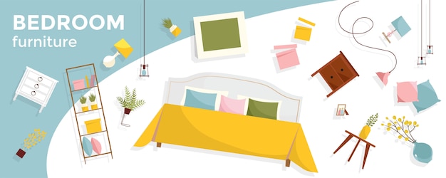 Vector horizontale banner met veel vliegende slaapkamer meubels en tekst. interieurartikelen - bed, nachtkastjes, planten, foto's, kussens. gezellige set zwevend meubilair.