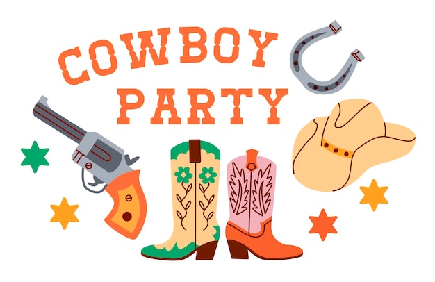 Horizontale banner sjabloon voor uitnodiging voor cowboy feest versierd met laarzen hoefijzer pistool hoed platte vectorillustratie