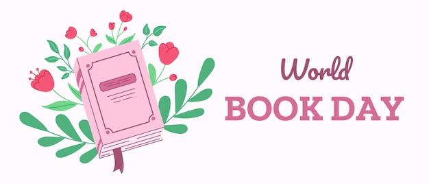 Horizontale banner voor de viering van de wereldboekdag Platte cartoon illustratie van boek en bloemen