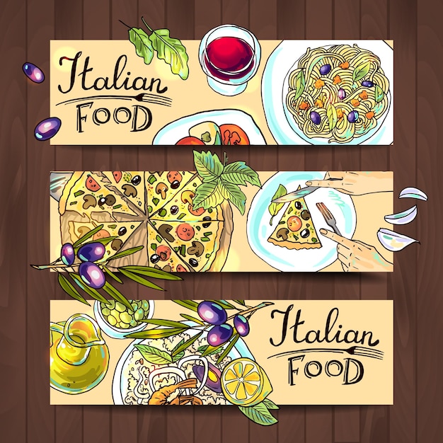 Vector horizontale banners italiaans eten pizza pasta risotto in de houtstructuur