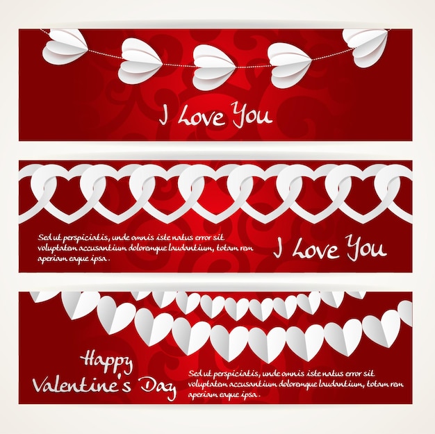 Horizontale banners met lange slingers van papieren harten voor Valentijnsdag
