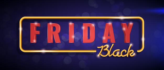 Horizontale Black Friday-banner met gouden frame, gouden en rode Black Friday-letters op blauw.