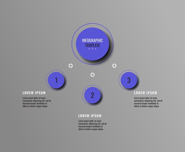 Horizontale grijze zakelijke infographic sjabloon met drie violet ronde elementen en tekstvakken