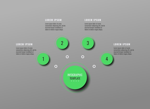 Horizontale grijze zakelijke infographic sjabloon met vier ronde groene elementen en tekstvakken