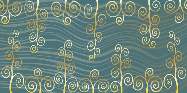 Horizontale groene achtergrond met golvende lijnen en gouden planten Abstract vector achtergrond met verloop