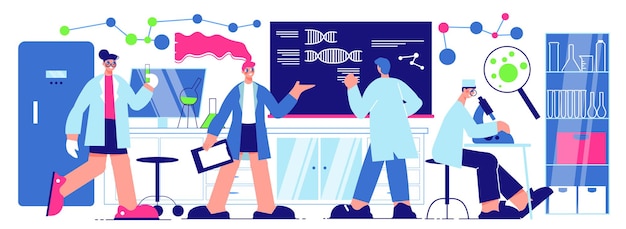 Horizontale illustratie van wetenschappers met mannelijke en vrouwelijke personages die in een wetenschappelijk laboratorium werken aan innovatieve projecten vlakke afbeelding