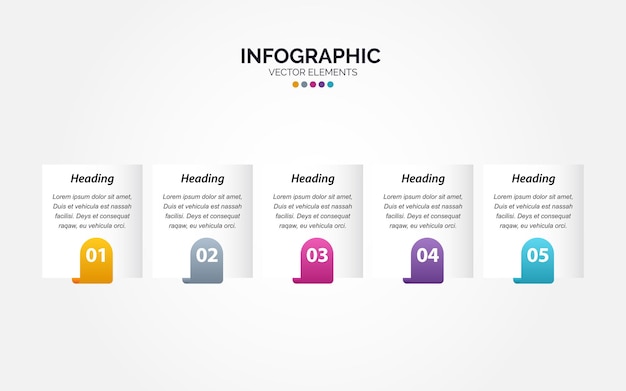 Horizontale Infographic business marketing vector ontwerp kleurrijke sjabloon map 5 opties of stappen in minimalistische stijl