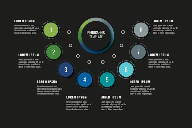 Horizontale infographic sjabloon met acht ronde realistische elementen op een zwarte achtergrond