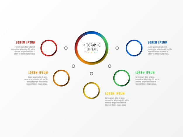 Horizontale infographic sjabloon met vijf ronde veelkleurige elementen op een witte achtergrond