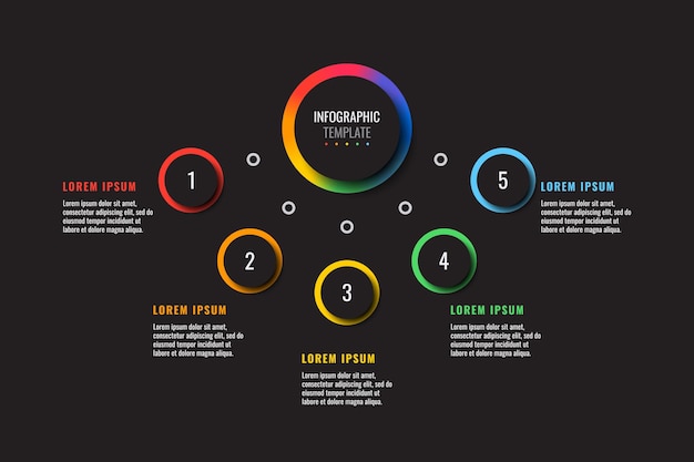 horizontale infographic sjabloon met vijf veelkleurige ronde elementen op zwarte achtergrond
