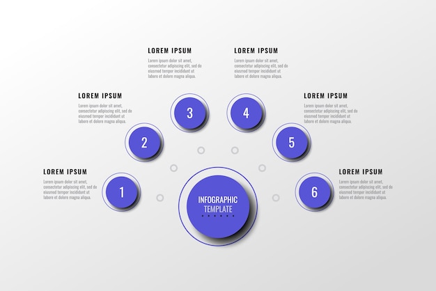 Horizontale infographic sjabloon met zes paarse ronde elementen op een witte achtergrond