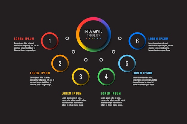 Vector horizontale infographic sjabloon met zes veelkleurige ronde elementen op een zwarte achtergrond