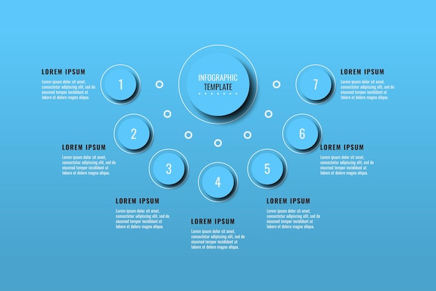 Horizontale infographic sjabloon met zeven lichtblauwe ronde elementen op een lichtblauwe achtergrond