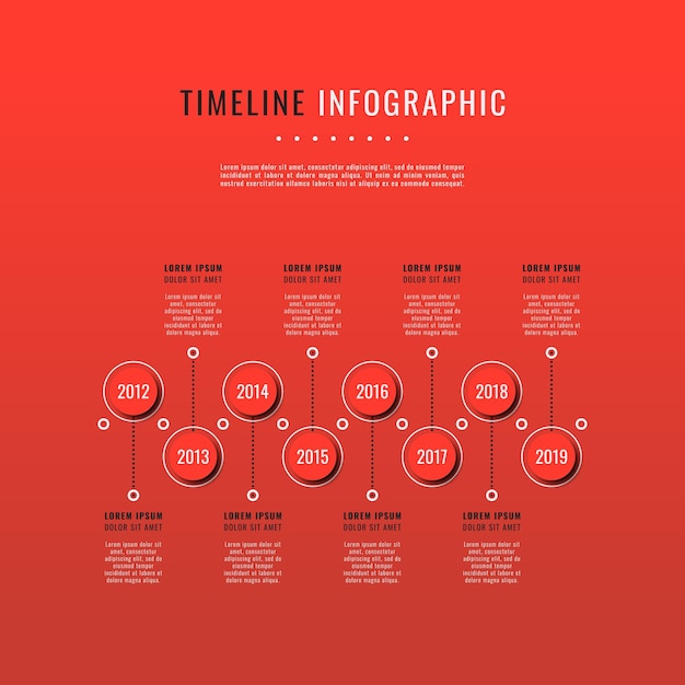 Horizontale infographic tijdlijnsjabloon met rode ronde elementen op een rode achtergrond