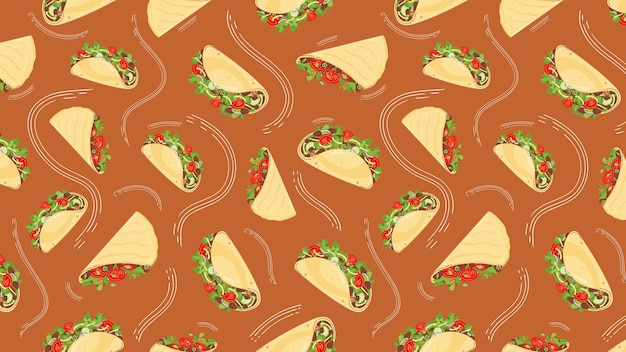 Horizontale naadloze achtergrond en afdrukbare sjabloon met smakelijke Quesadilla en taco's