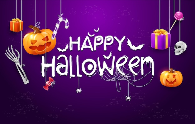 Horizontale paarse happy halloween-banner een groep d-illustraties hangt bovenop pompoenen een geschenk