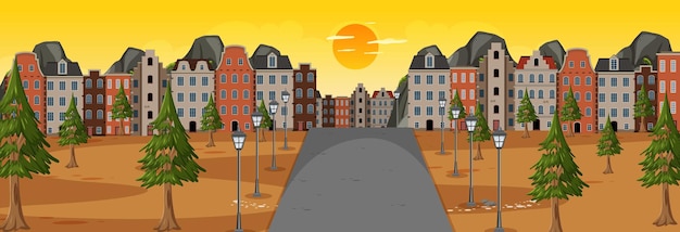 Vector horizontale scène bij zonsondergang met lange weg door het park naar de stad