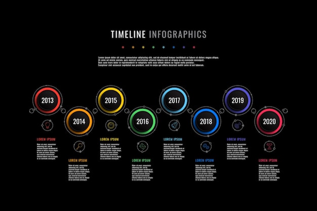 Horizontale tijdlijn infographic sjabloon met ronde elementen jaaraanduiding en tekstvakken