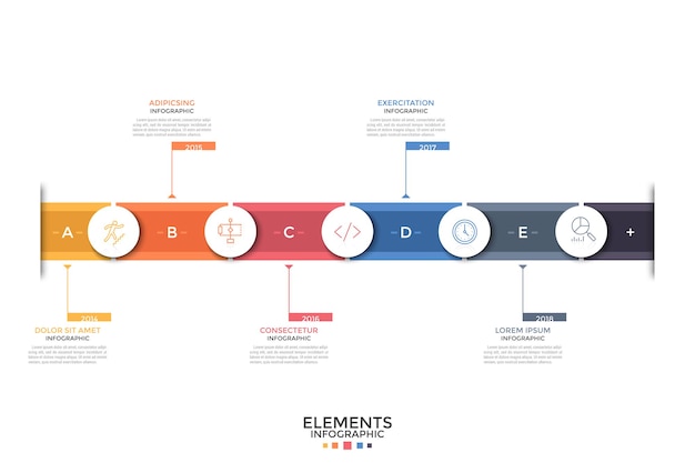 Horizontale tijdlijn. kleurrijke streep, 5 papieren witte ronde elementen met lineaire pictogrammen erin, jaaraanduiding, tekstvakken. concept van jaarlijkse ontwikkeling. infographic ontwerp lay-out. vector illustratie.