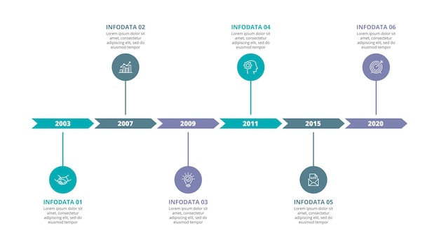 Horizontale tijdlijn met 6 pijlen en cirkels elementen. proces infographic ontwerpsjabloon.