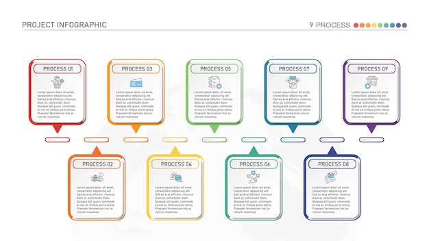 Horizontale tijdlijn of stroomdiagram met 9 vierkante elementen en ruimte voor gegevens