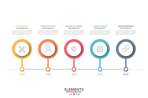 Horizontale tijdlijn. vijf kleurrijke ronde elementen met lineaire pictogrammen binnen en tijdsaanduiding in rij geplaatst. concept van tijdschema, plan of schema. infographic ontwerpsjabloon.