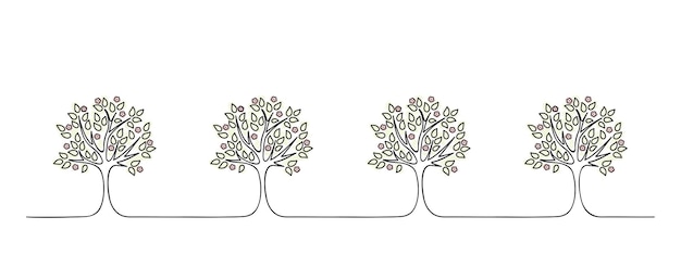 Horizontale tuin boom instellen bloeiende boom roze bloemen natuur concept tuinieren continu beeld wanddecoratie patroon zwarte lijn vector illustratie hand getrokken eenvoudige decoratie-element