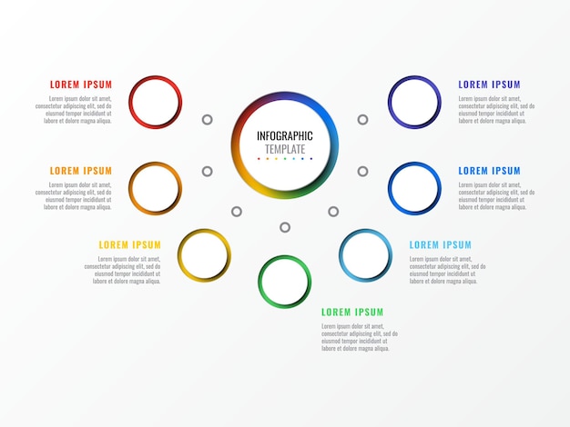 Horizontale veelkleurige zeven ronde stappen infographic sjabloon op een witte achtergrond
